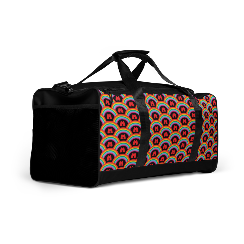 3/4 view of Bright Side Duffle Bag rainbow pattern