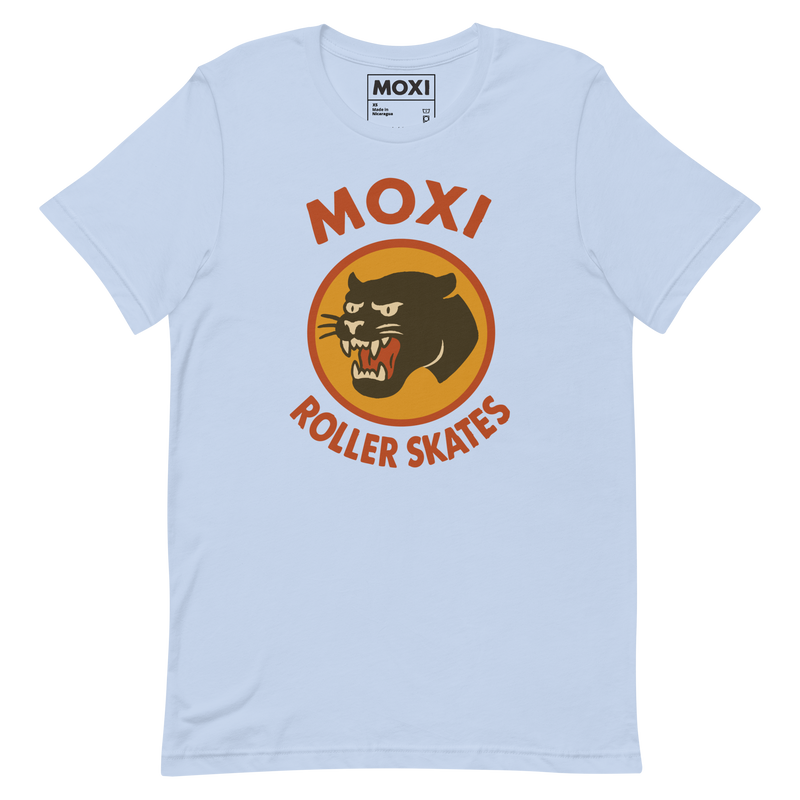 Moxi unisex T-shirt featuring a bold black panther graphic in an orange circle with red “MOXI Roller Skates” text in vintage-style lettering. Soft cotton fabric with a classic fit, perfect for casual wear or skate sessions.