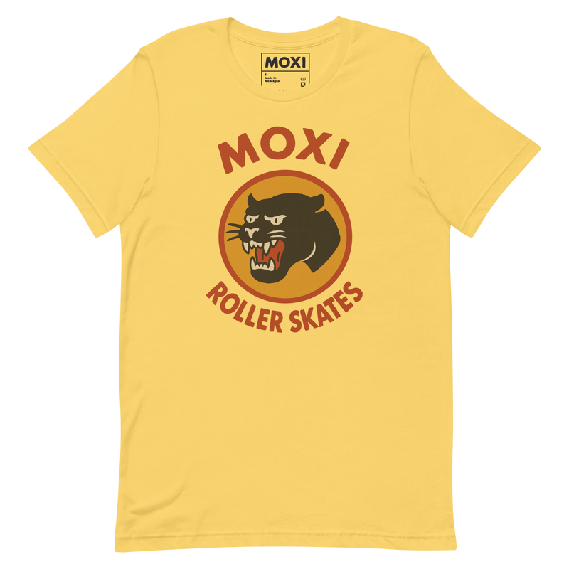 Moxi unisex T-shirt featuring a bold black panther graphic in an orange circle with red “MOXI Roller Skates” text in vintage-style lettering. Soft cotton fabric with a classic fit, perfect for casual wear or skate sessions.