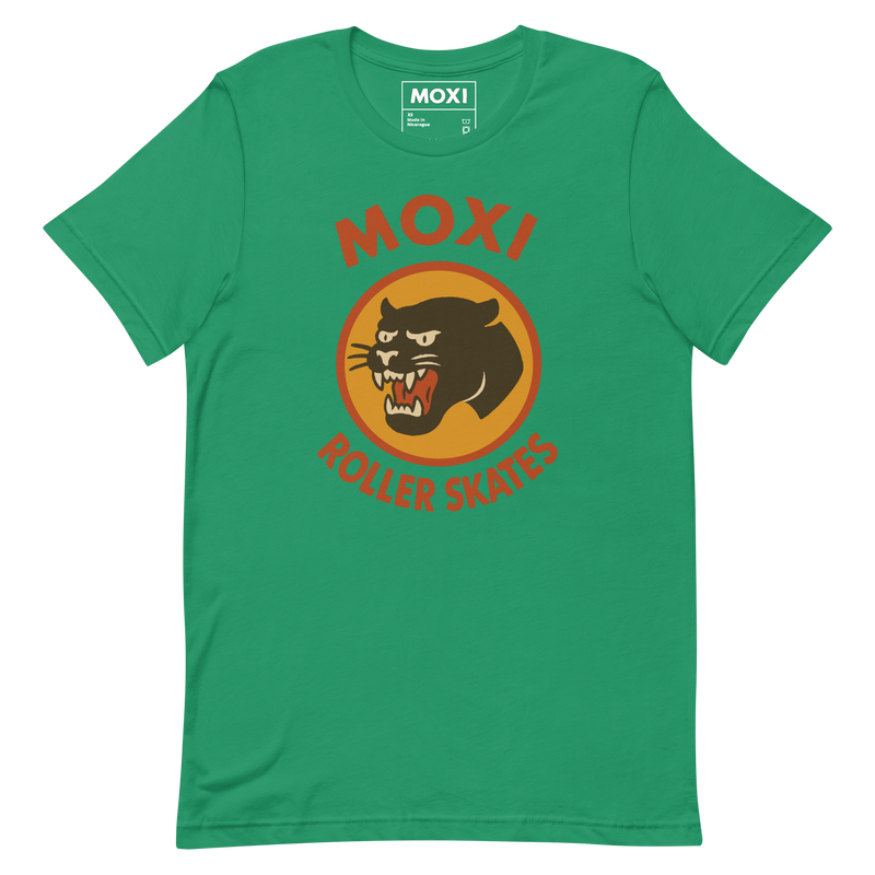 Moxi unisex T-shirt featuring a bold black panther graphic in an orange circle with red “MOXI Roller Skates” text in vintage-style lettering. Soft cotton fabric with a classic fit, perfect for casual wear or skate sessions.