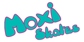 Playful turquoise 'Moxi Skates' logo with bold, rounded lettering and a bright pink drop shadow. The word 'Moxi' appears larger and tilted above the smaller 'Skates' text, giving it a fun, retro vibe.
