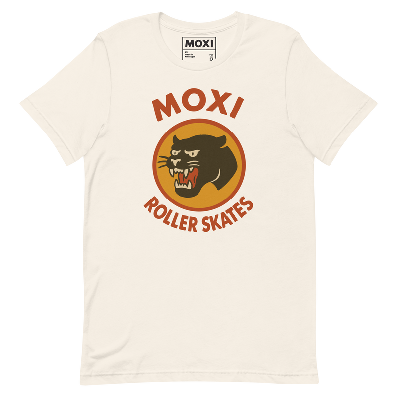 Moxi unisex T-shirt featuring a bold black panther graphic in an orange circle with red “MOXI Roller Skates” text in vintage-style lettering. Soft cotton fabric with a classic fit, perfect for casual wear or skate sessions.
