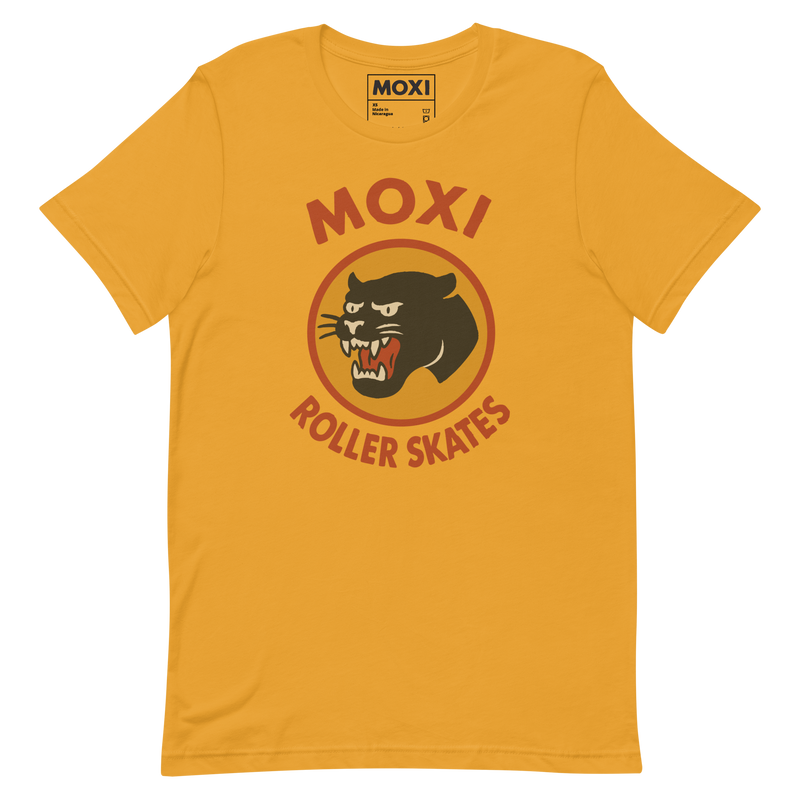 Moxi unisex T-shirt featuring a bold black panther graphic in an orange circle with red “MOXI Roller Skates” text in vintage-style lettering. Soft cotton fabric with a classic fit, perfect for casual wear or skate sessions.