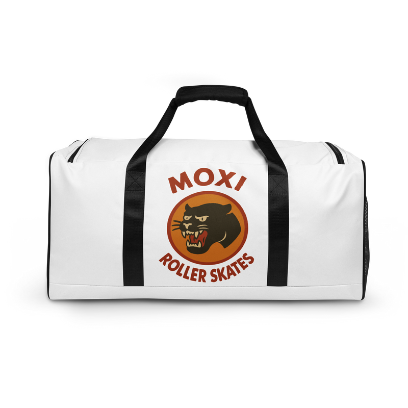 White Moxi duffel bag with black straps and shoulder pad, featuring a bold panther logo in an orange circle and red “MOXI Roller Skates” text printed on the front panel.