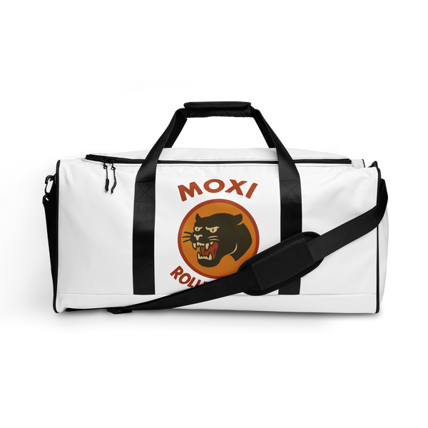 White Moxi duffel bag with black straps and shoulder pad, featuring a bold panther logo in an orange circle and red “MOXI Roller Skates” text printed on the front panel.