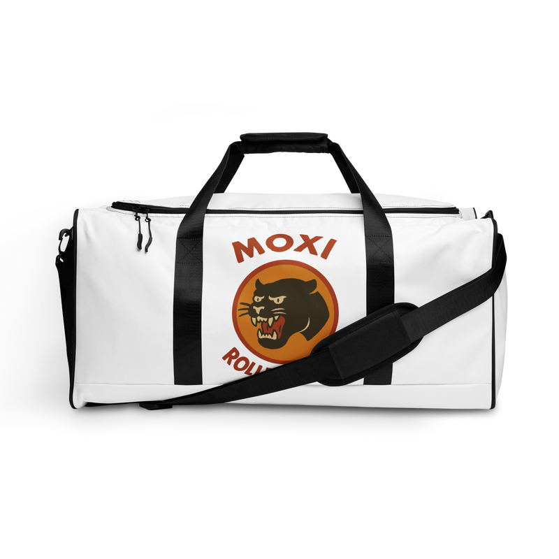 White Moxi duffel bag with black straps and shoulder pad, featuring a bold panther logo in an orange circle and red “MOXI Roller Skates” text printed on the front panel.