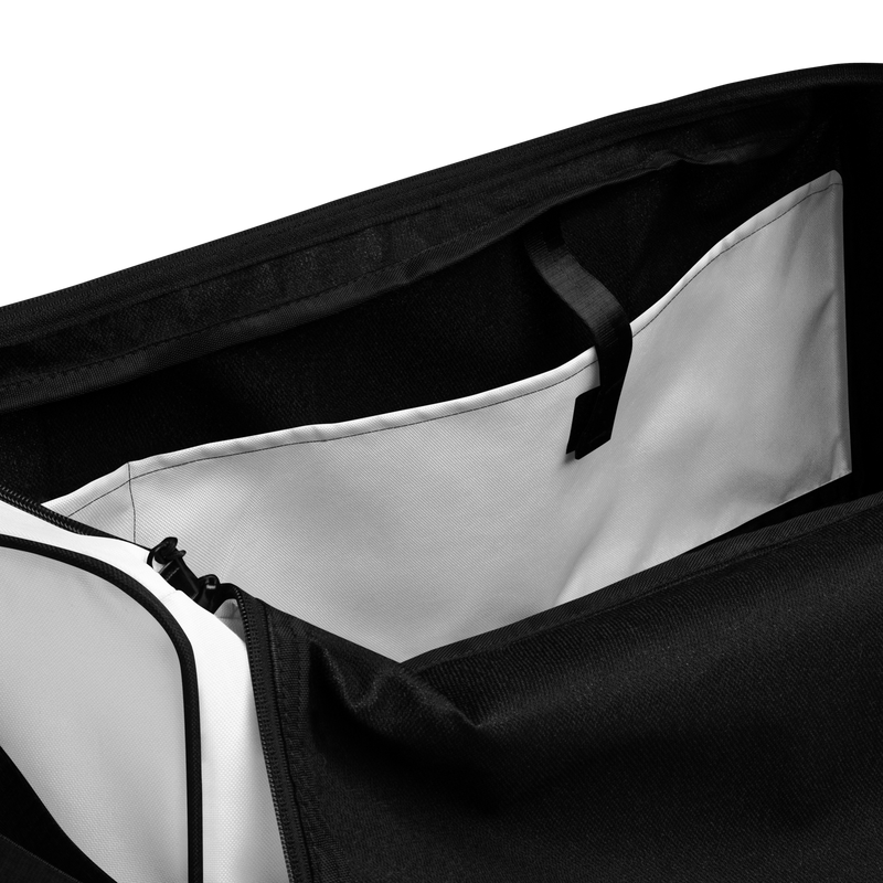 White Moxi duffel bag with black straps and shoulder pad, featuring a bold panther logo in an orange circle and red “MOXI Roller Skates” text printed on the front panel.