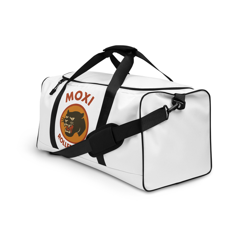 White Moxi duffel bag with black straps and shoulder pad, featuring a bold panther logo in an orange circle and red “MOXI Roller Skates” text printed on the front panel.