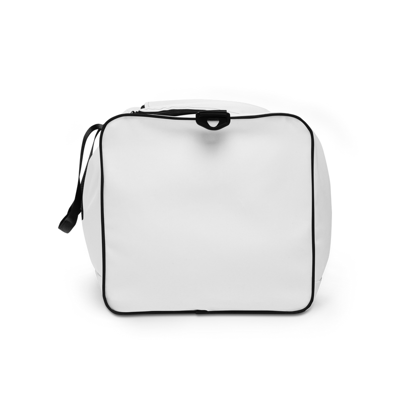 White Moxi duffel bag with black straps and shoulder pad, featuring a bold panther logo in an orange circle and red “MOXI Roller Skates” text printed on the front panel.