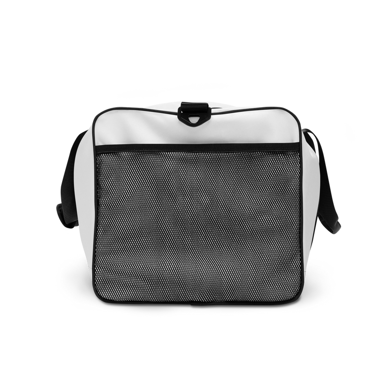 White Moxi duffel bag with black straps and shoulder pad, featuring a bold panther logo in an orange circle and red “MOXI Roller Skates” text printed on the front panel.