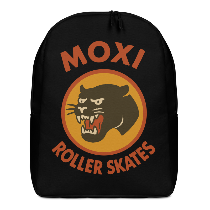 Black Moxi backpack with a large front graphic featuring a fierce black panther inside an orange circle and bold red “MOXI Roller Skates” text. Designed with padded shoulder straps and side pocket for everyday use or skate gear.