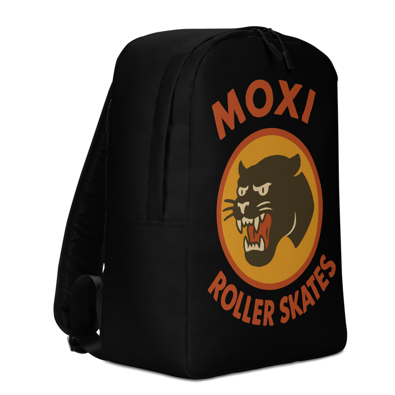 Black Moxi backpack with a large front graphic featuring a fierce black panther inside an orange circle and bold red “MOXI Roller Skates” text. Designed with padded shoulder straps and side pocket for everyday use or skate gear.