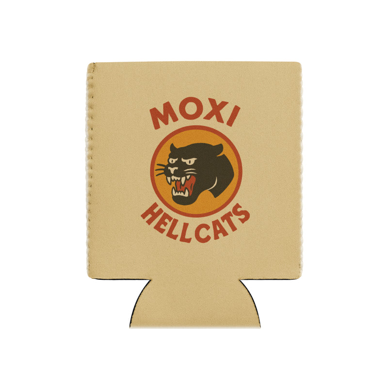 Tan Moxi can koozie featuring a vintage-style black panther logo in an orange circle with bold red “MOXI” text above and “HELLCATS” below. Made of insulated material to keep drinks cold and hands dry.