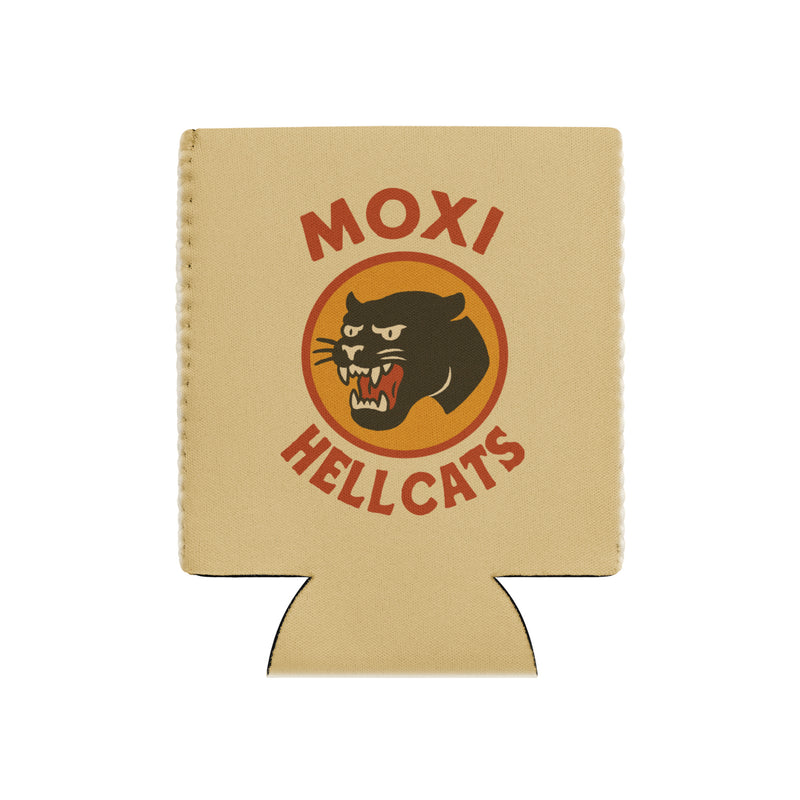 Tan Moxi can koozie featuring a vintage-style black panther logo in an orange circle with bold red “MOXI” text above and “HELLCATS” below. Made of insulated material to keep drinks cold and hands dry.