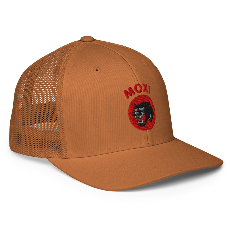 Burnt orange Moxi trucker hat with mesh sides and embroidered front patch featuring a fierce black panther inside a red circle, with red “MOXI” text above the graphic.