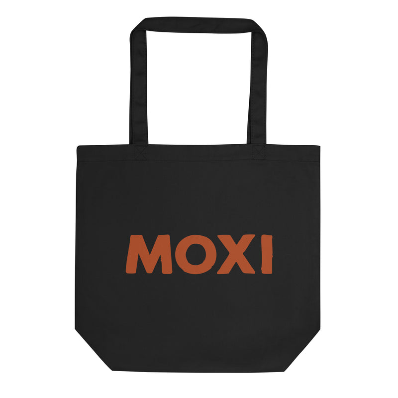 Black Moxi canvas tote bag featuring a bold retro-style panther graphic in an orange circle with Japanese katakana text above and below translating to “Moxi Roller Skates.” Durable cotton material with sturdy shoulder straps, ideal for everyday use.