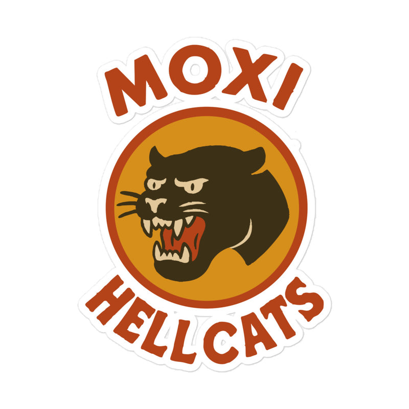 Die-cut Moxi Hellcats sticker featuring a snarling black panther graphic in an orange circle with bold red “MOXI” text above and “HELLCATS” below, outlined in white for a peel-and-stick finish.