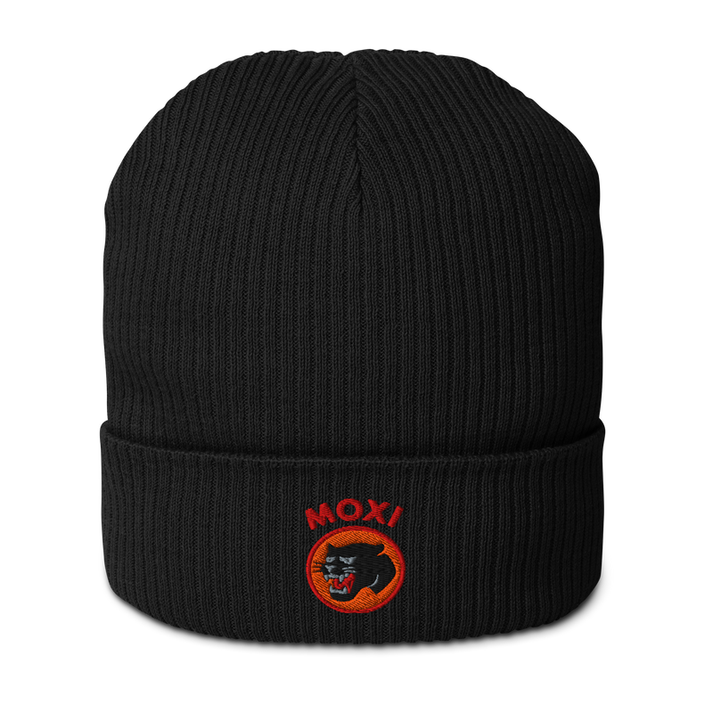 Black ribbed knit beanie with folded cuff, featuring an embroidered Moxi logo of a black panther in an orange circle and bold red “MOXI” text above the patch.