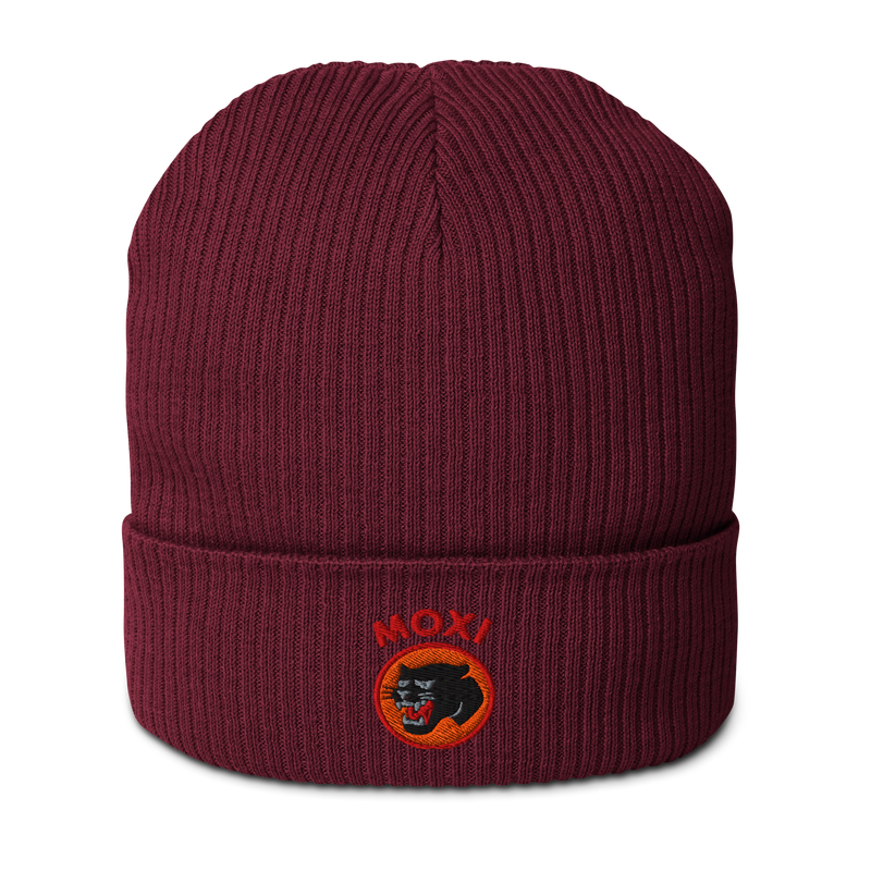 Red ribbed knit beanie with folded cuff, featuring an embroidered Moxi logo of a black panther in an orange circle and bold red “MOXI” text above the patch.