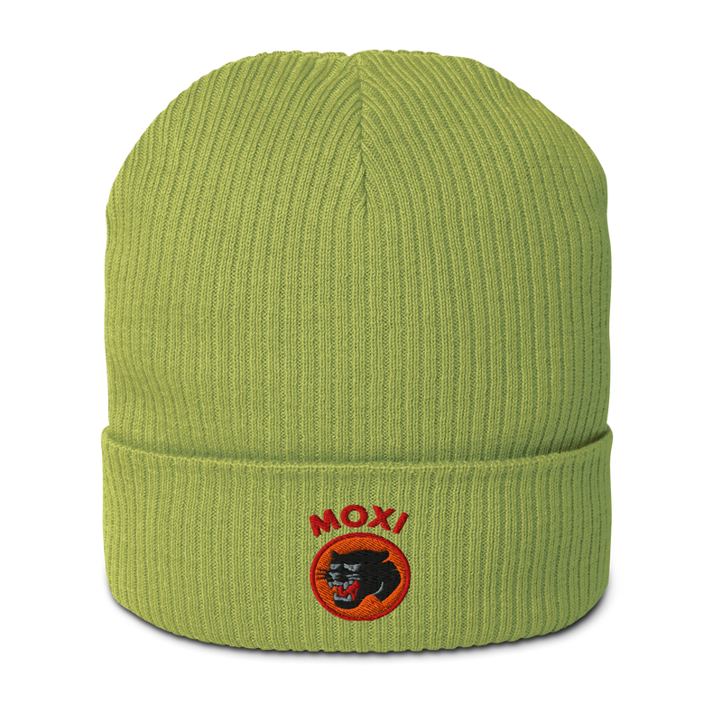 Green ribbed knit beanie with folded cuff, featuring an embroidered Moxi logo of a black panther in an orange circle and bold red “MOXI” text above the patch.