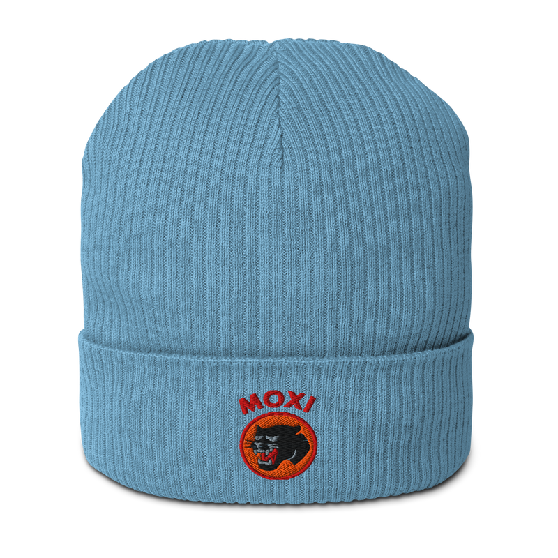 Light Blue ribbed knit beanie with folded cuff, featuring an embroidered Moxi logo of a black panther in an orange circle and bold red “MOXI” text above the patch.