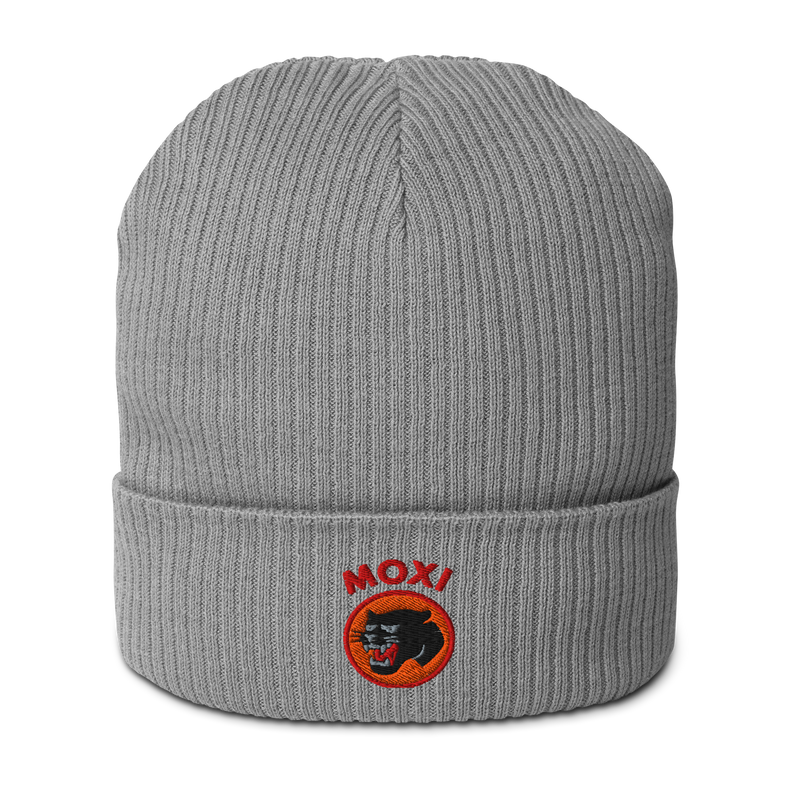 Grey ribbed knit beanie with folded cuff, featuring an embroidered Moxi logo of a black panther in an orange circle and bold red “MOXI” text above the patch.