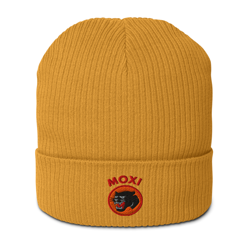 Golden yellow ribbed knit beanie with folded cuff, featuring an embroidered Moxi logo of a black panther in an orange circle and bold red “MOXI” text above the patch.