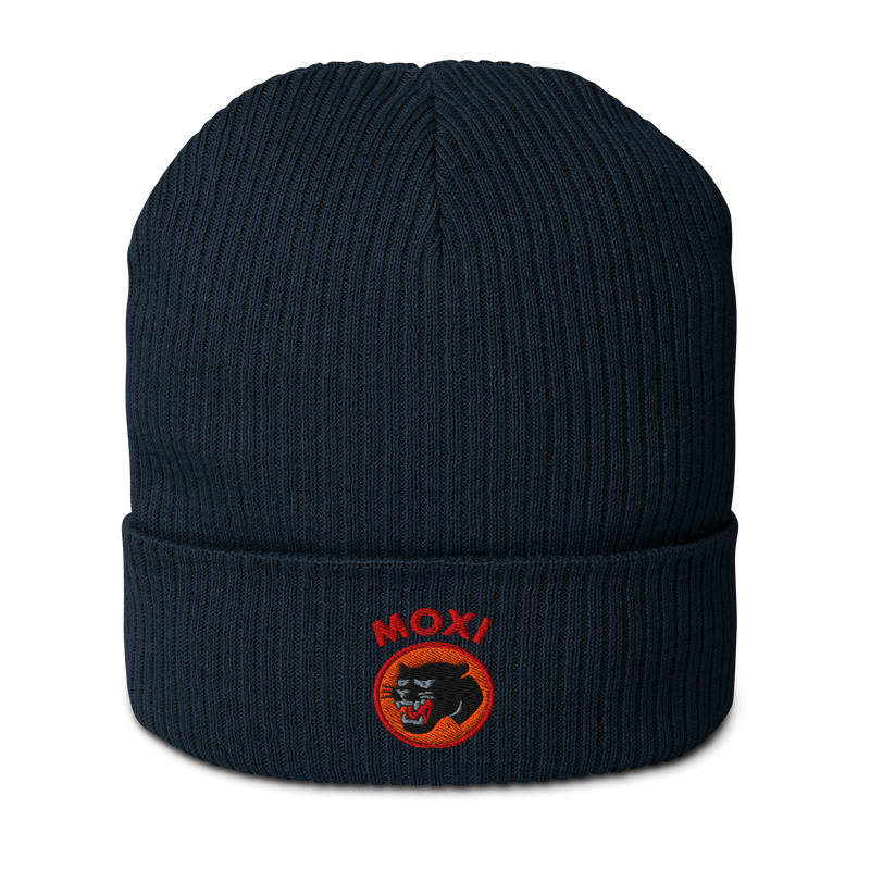 Dark Blue ribbed knit beanie with folded cuff, featuring an embroidered Moxi logo of a black panther in an orange circle and bold red “MOXI” text above the patch.