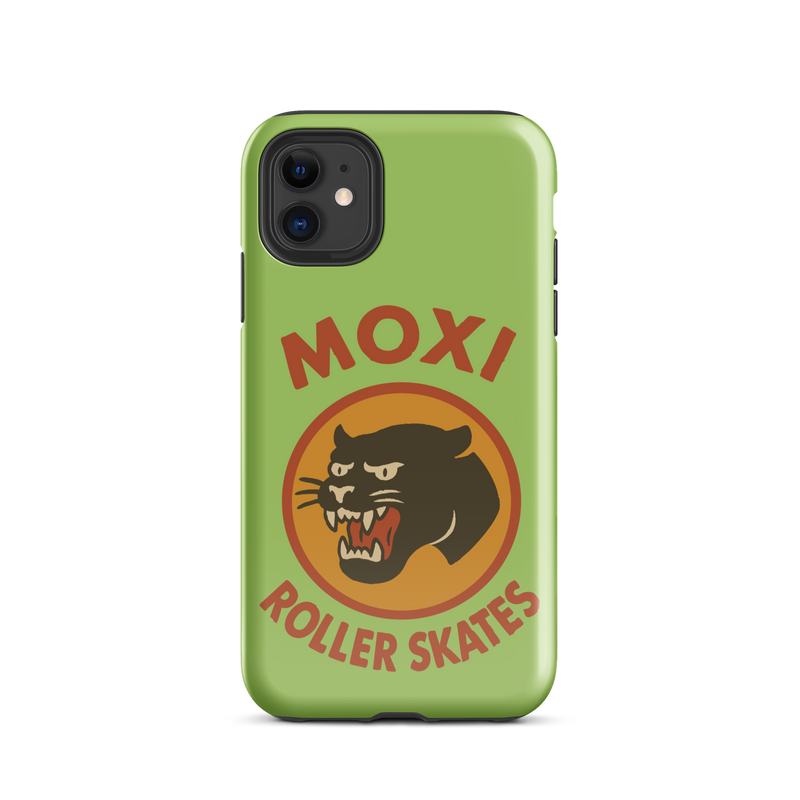 Green Moxi iPhone case featuring a bold black panther graphic in a retro red and orange circle, with red “MOXI Roller Skates” text above and below the logo.