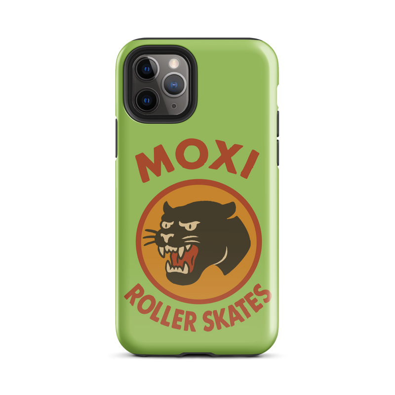 Green Moxi iPhone case featuring a bold black panther graphic in a retro red and orange circle, with red “MOXI Roller Skates” text above and below the logo.