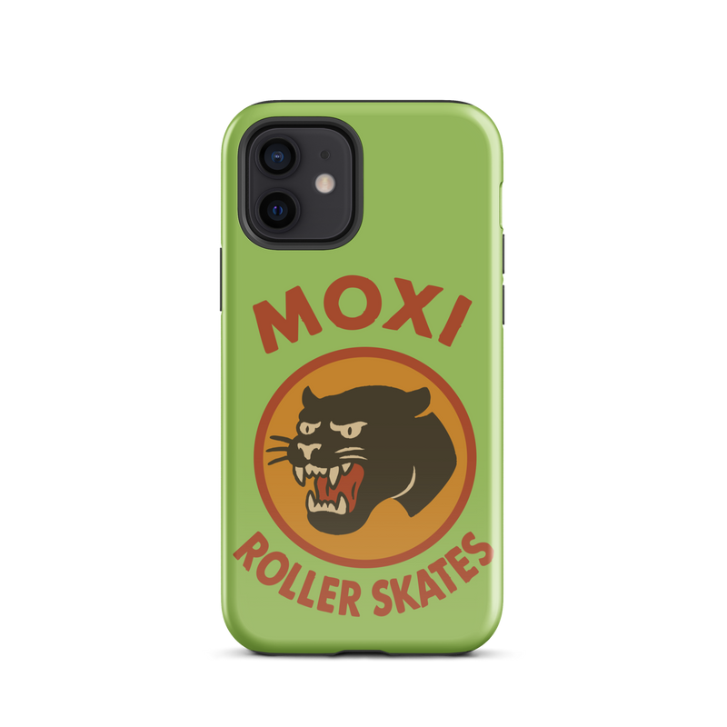 Green Moxi iPhone case featuring a bold black panther graphic in a retro red and orange circle, with red “MOXI Roller Skates” text above and below the logo.
