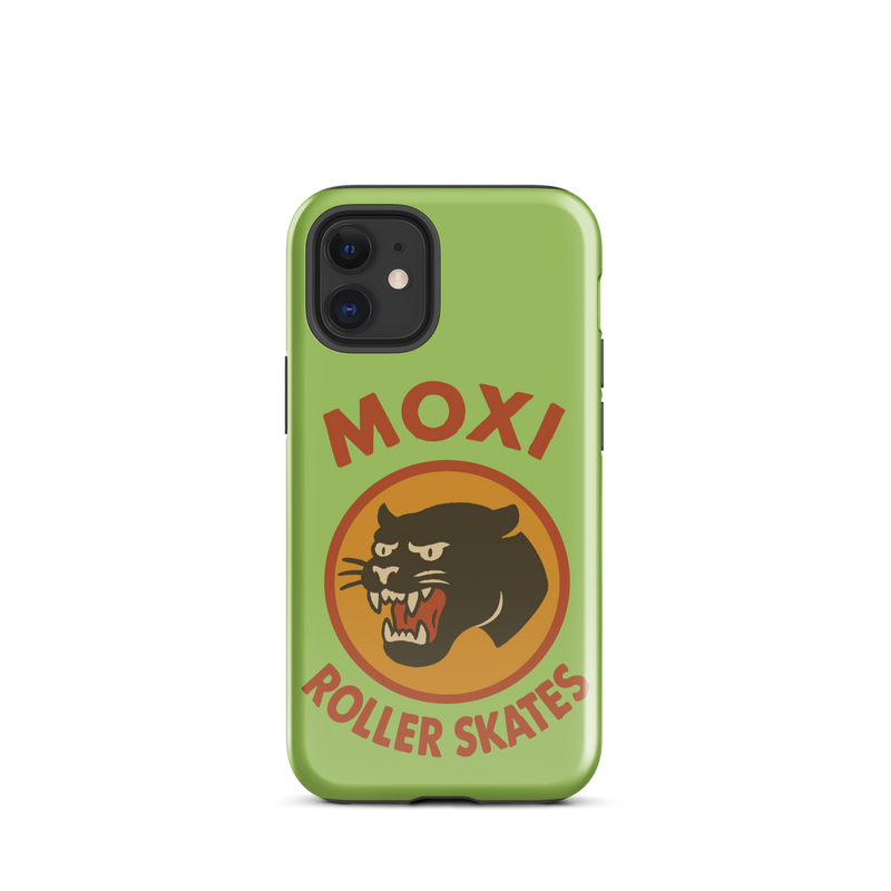 Green Moxi iPhone case featuring a bold black panther graphic in a retro red and orange circle, with red “MOXI Roller Skates” text above and below the logo.