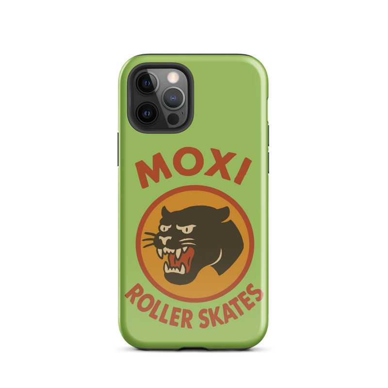 Green Moxi iPhone case featuring a bold black panther graphic in a retro red and orange circle, with red “MOXI Roller Skates” text above and below the logo.