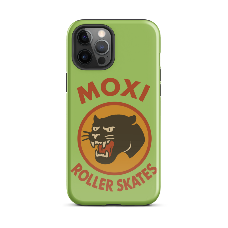 Green Moxi iPhone case featuring a bold black panther graphic in a retro red and orange circle, with red “MOXI Roller Skates” text above and below the logo.