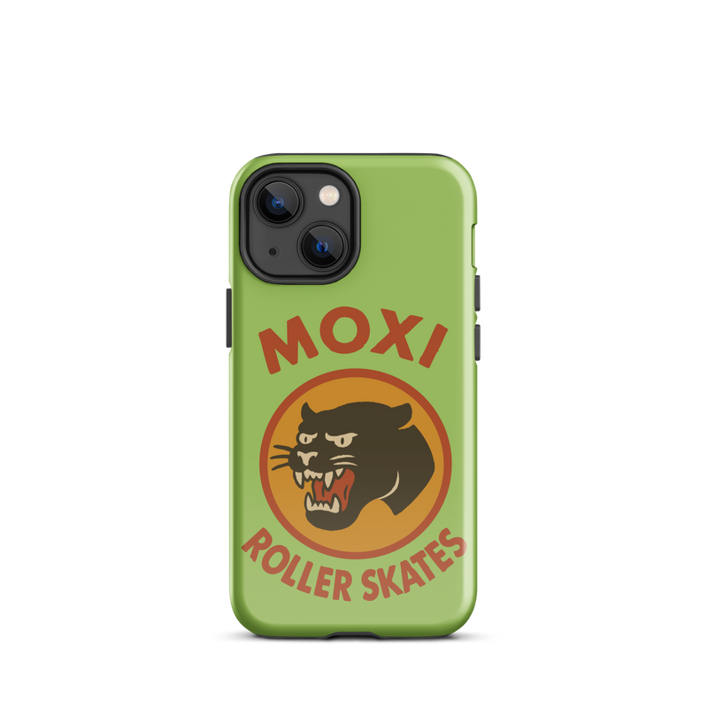 Green Moxi iPhone case featuring a bold black panther graphic in a retro red and orange circle, with red “MOXI Roller Skates” text above and below the logo.