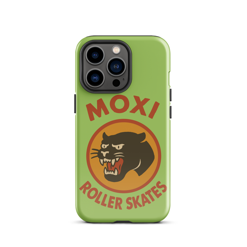Green Moxi iPhone case featuring a bold black panther graphic in a retro red and orange circle, with red “MOXI Roller Skates” text above and below the logo.