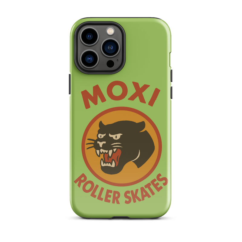 Green Moxi iPhone case featuring a bold black panther graphic in a retro red and orange circle, with red “MOXI Roller Skates” text above and below the logo.