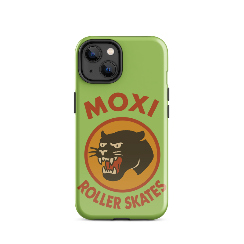 Green Moxi iPhone case featuring a bold black panther graphic in a retro red and orange circle, with red “MOXI Roller Skates” text above and below the logo.