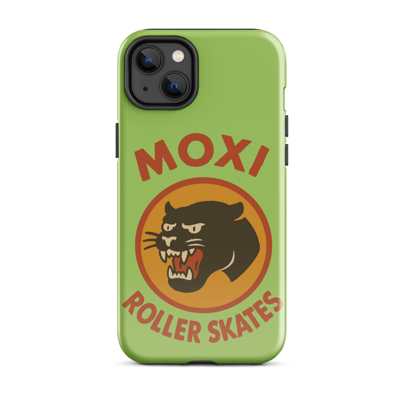 Green Moxi iPhone case featuring a bold black panther graphic in a retro red and orange circle, with red “MOXI Roller Skates” text above and below the logo.