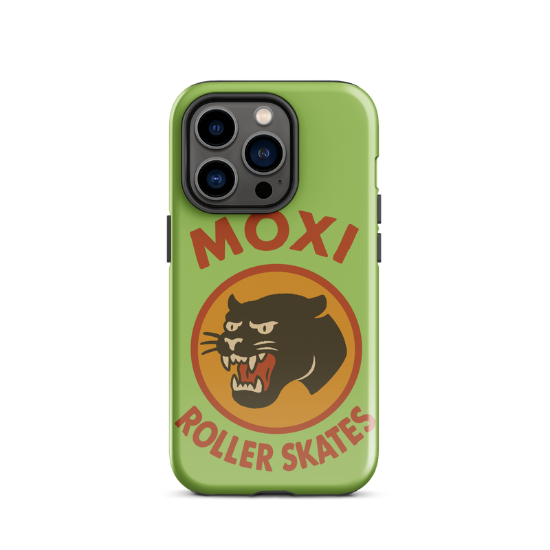 Green Moxi iPhone case featuring a bold black panther graphic in a retro red and orange circle, with red “MOXI Roller Skates” text above and below the logo.