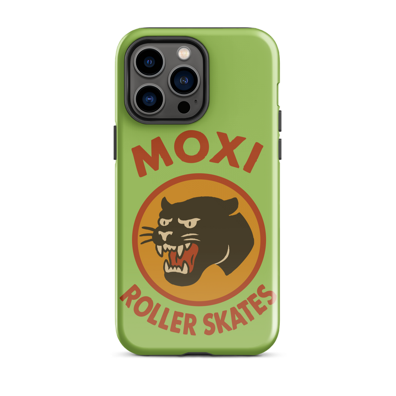 Green Moxi iPhone case featuring a bold black panther graphic in a retro red and orange circle, with red “MOXI Roller Skates” text above and below the logo.