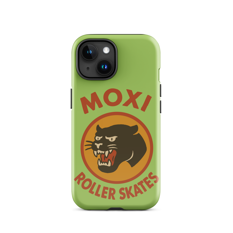 Green Moxi iPhone case featuring a bold black panther graphic in a retro red and orange circle, with red “MOXI Roller Skates” text above and below the logo.