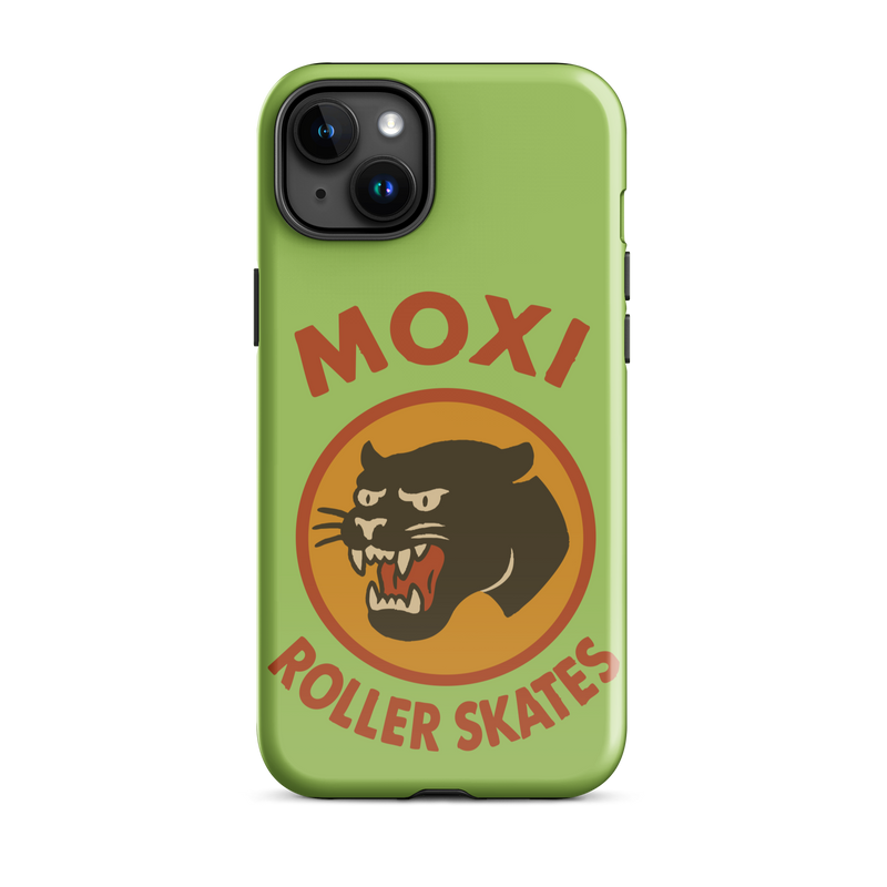 Green Moxi iPhone case featuring a bold black panther graphic in a retro red and orange circle, with red “MOXI Roller Skates” text above and below the logo.