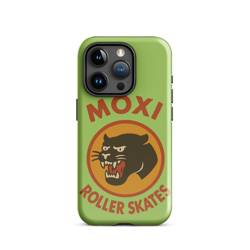 Green Moxi iPhone case featuring a bold black panther graphic in a retro red and orange circle, with red “MOXI Roller Skates” text above and below the logo.