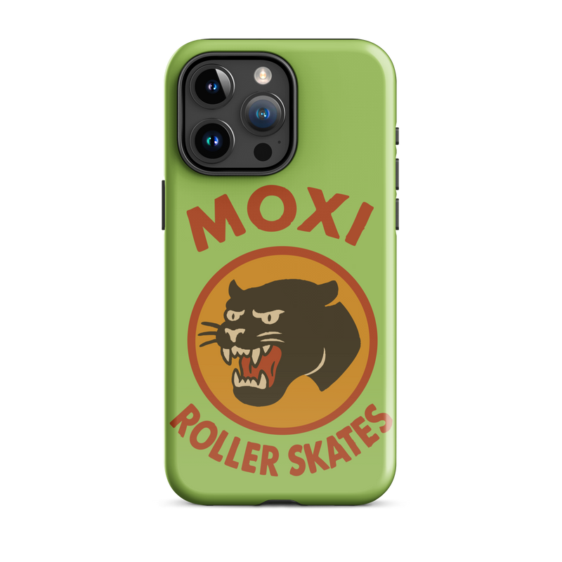 Green Moxi iPhone case featuring a bold black panther graphic in a retro red and orange circle, with red “MOXI Roller Skates” text above and below the logo.