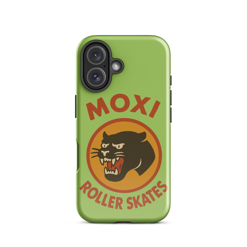 Green Moxi iPhone case featuring a bold black panther graphic in a retro red and orange circle, with red “MOXI Roller Skates” text above and below the logo.