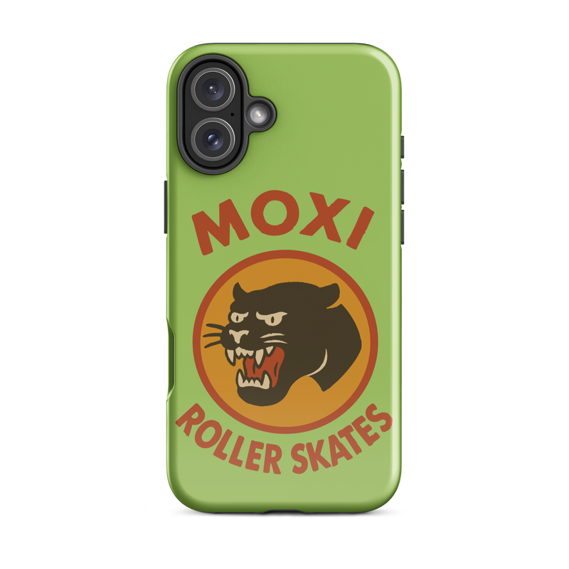 Green Moxi iPhone case featuring a bold black panther graphic in a retro red and orange circle, with red “MOXI Roller Skates” text above and below the logo.