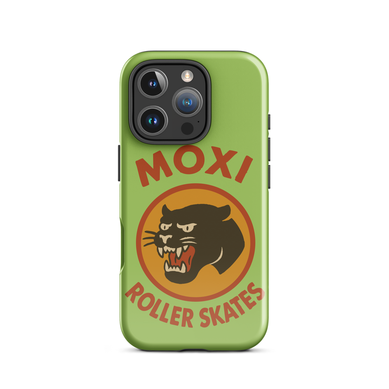 Green Moxi iPhone case featuring a bold black panther graphic in a retro red and orange circle, with red “MOXI Roller Skates” text above and below the logo.