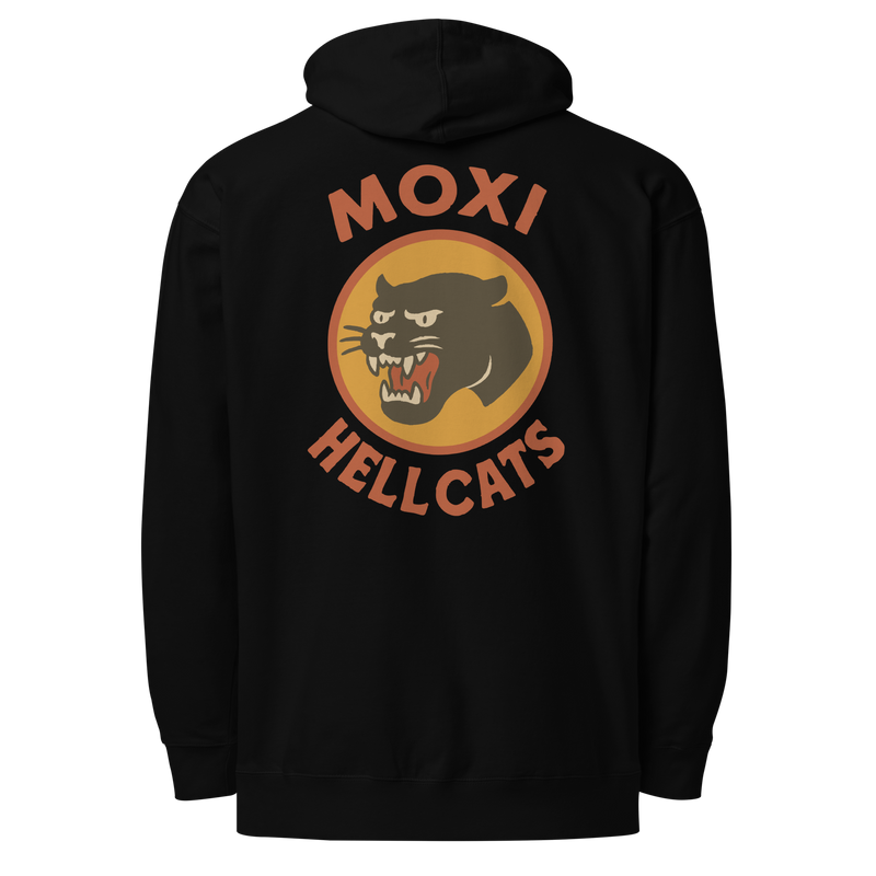 Black, lightweight Moxi hoodie featuring a bold back graphic of a vintage-style black panther inside an orange circle, with red “MOXI” text above and “HELLCATS” below.