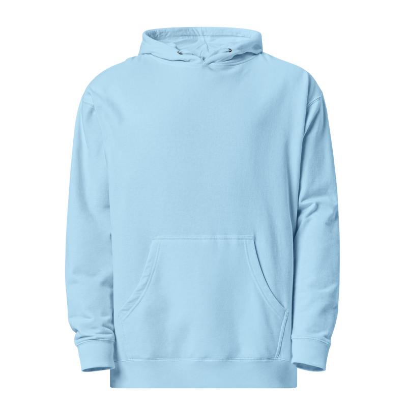 Baby Blue lightweight Moxi hoodie featuring a bold back graphic of a vintage-style black panther inside an orange circle, with red “MOXI” text above and “HELLCATS” below.